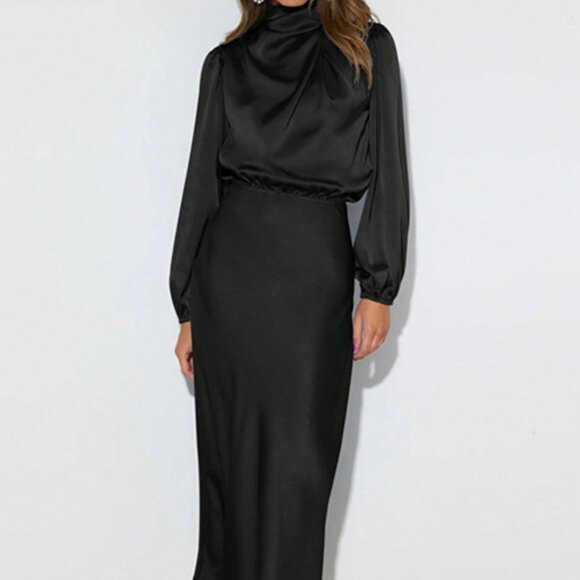 Dresses & Skirts - Black Elegant Women's Long Sleeve Ruched Satin Formal Dress